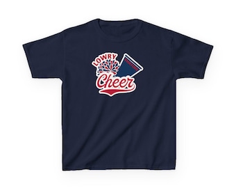 May include: Navy blue youth t-shirt with a white, red, and blue graphic of a cheerleader's pom-pom and megaphone with the text "Lowry Wildcats Cheer" in a red, white, and blue vintage font.