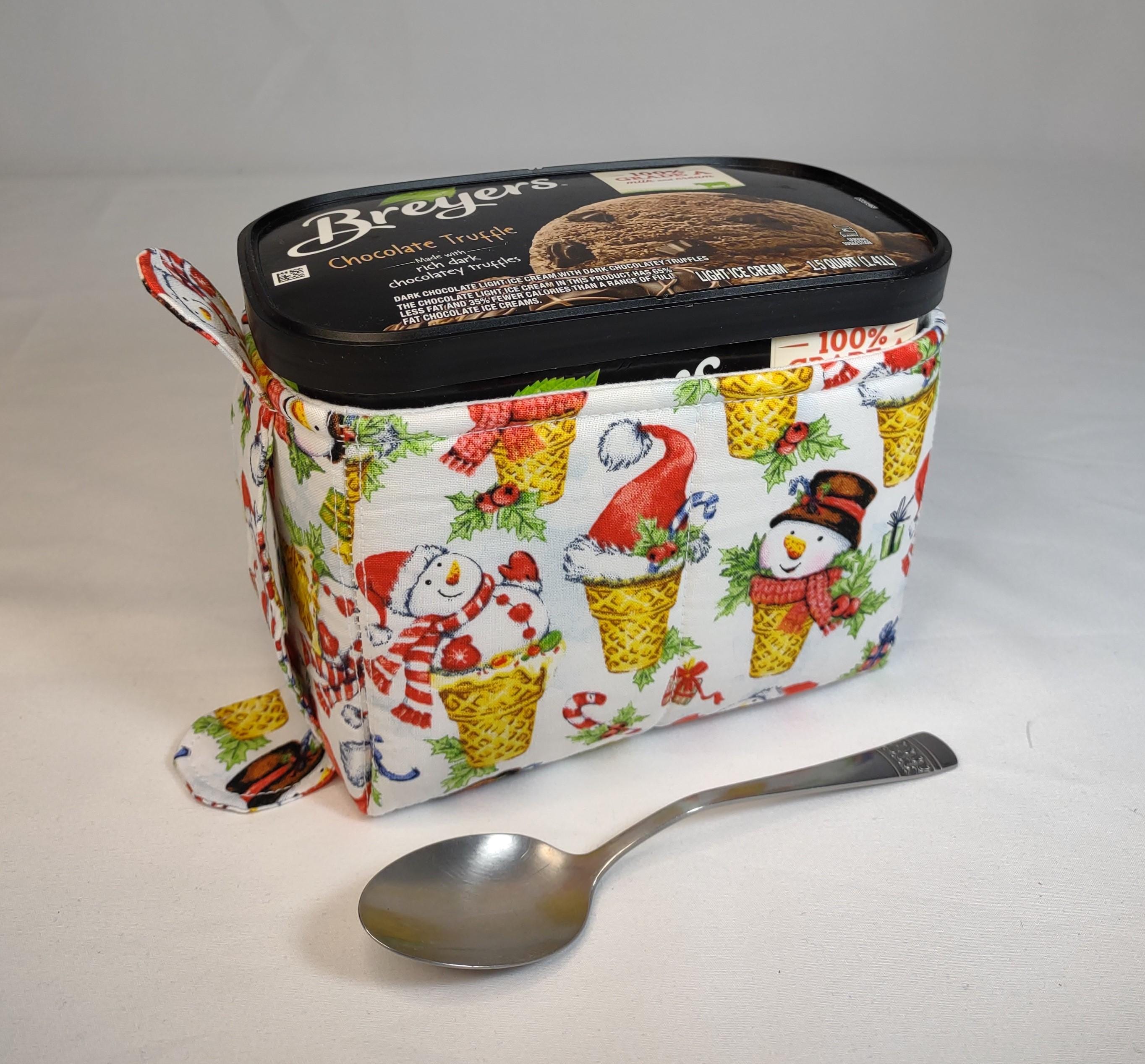 Quilted 1.5-quart size ice cream cozy for a rectangular container. Keep your hands warm while serving up a party treat. Unique design.