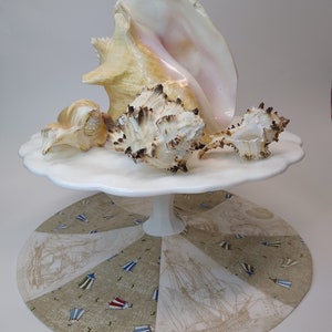 12&quot; Summer Tabletop tree skirt. Small round tall ship and beach hut print fabric tree skirt. Summer skirting for pedestal footed cake plate