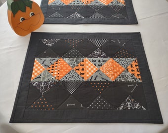 Set of 2 Quilted Halloween Placemats. Generous 14" x 18" size.  Low profile.  Not bulky. New original design. Halloween themed fabrics.