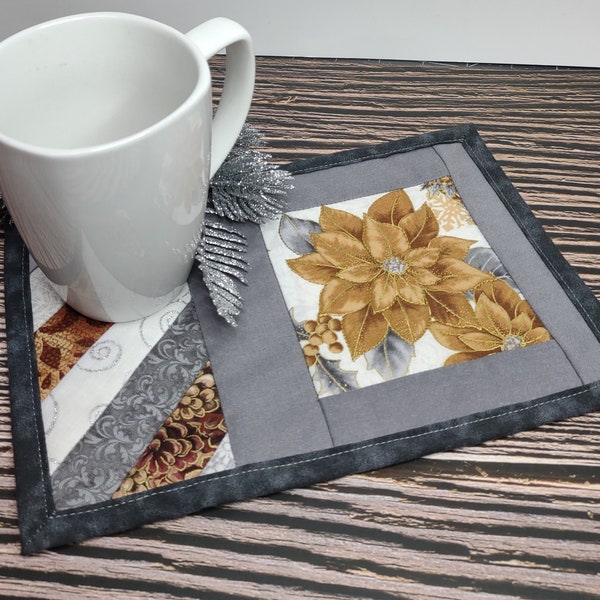 Quilted Christmas Holiday Mug Rug.  6.5" x 9.5" cup and snack mat. Large coaster or candle pad.  Poinsettia in elegant copper and gray.