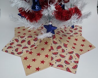 16" Tabletop tree skirt. Star shaped light quilted patriotic print fabric tree skirt.  Holiday decoration for pedestal footed cake plate