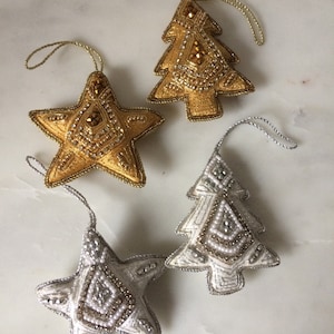 Hand Embellished, Embroidered Golden or Silver Christmas tree decoration,Star or Christmas tee ,Embroidered Christmas Tree ornaments
