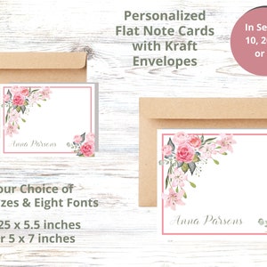 Tarjetas de notas de rosas y lirios, tarjetas de notas planas, sobres Kraft, tarjetas florales rosas, notas personalizadas, regalos personalizados, regalo de mamá