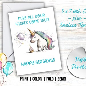 PRINTABLE Unicorn Happy Birthday Card, DIY Print Card, Unicorn Birthday, Kid&#39;s Birthday Card, 5x7 Digital Download, A7 Envelope Template