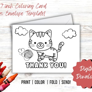 IMPRIMABLE Merci carte de coloriage, note de remerciement pour enfant, carte de voeux de chat, bricolage couleur et impression, carte de remerciement pour enfants, coloriage de chat merci