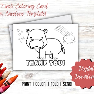 PRINTABLE Thank You Coloring Card, Kid&#39;s Thank You, Hippo Thank You Card, DIY Color and Print, Kids Thank You Card, Hippo Coloring Thank You
