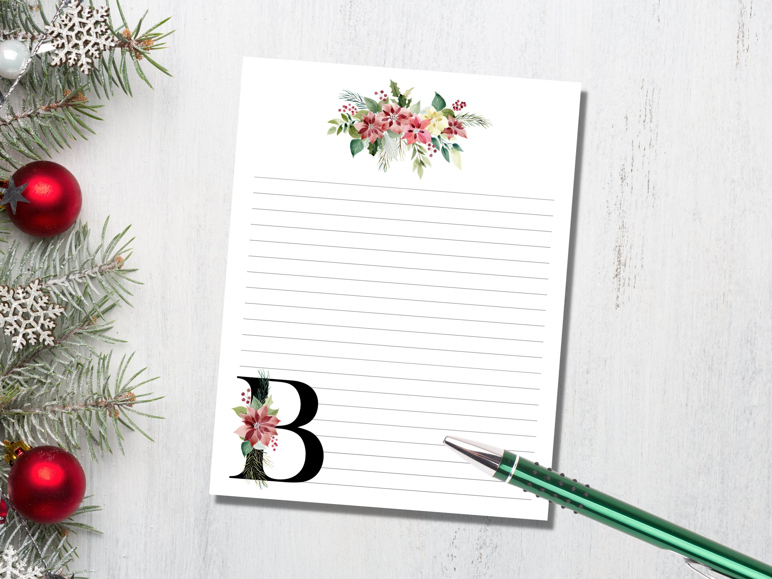 MONOGRAM Printable Stationery, Printable Note Paper, Poinsettia ...