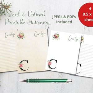 Papelería navideña imprimible personalizada, papel de nota de Poinsettia, membrete de Navidad, papelería imprimible personalizada