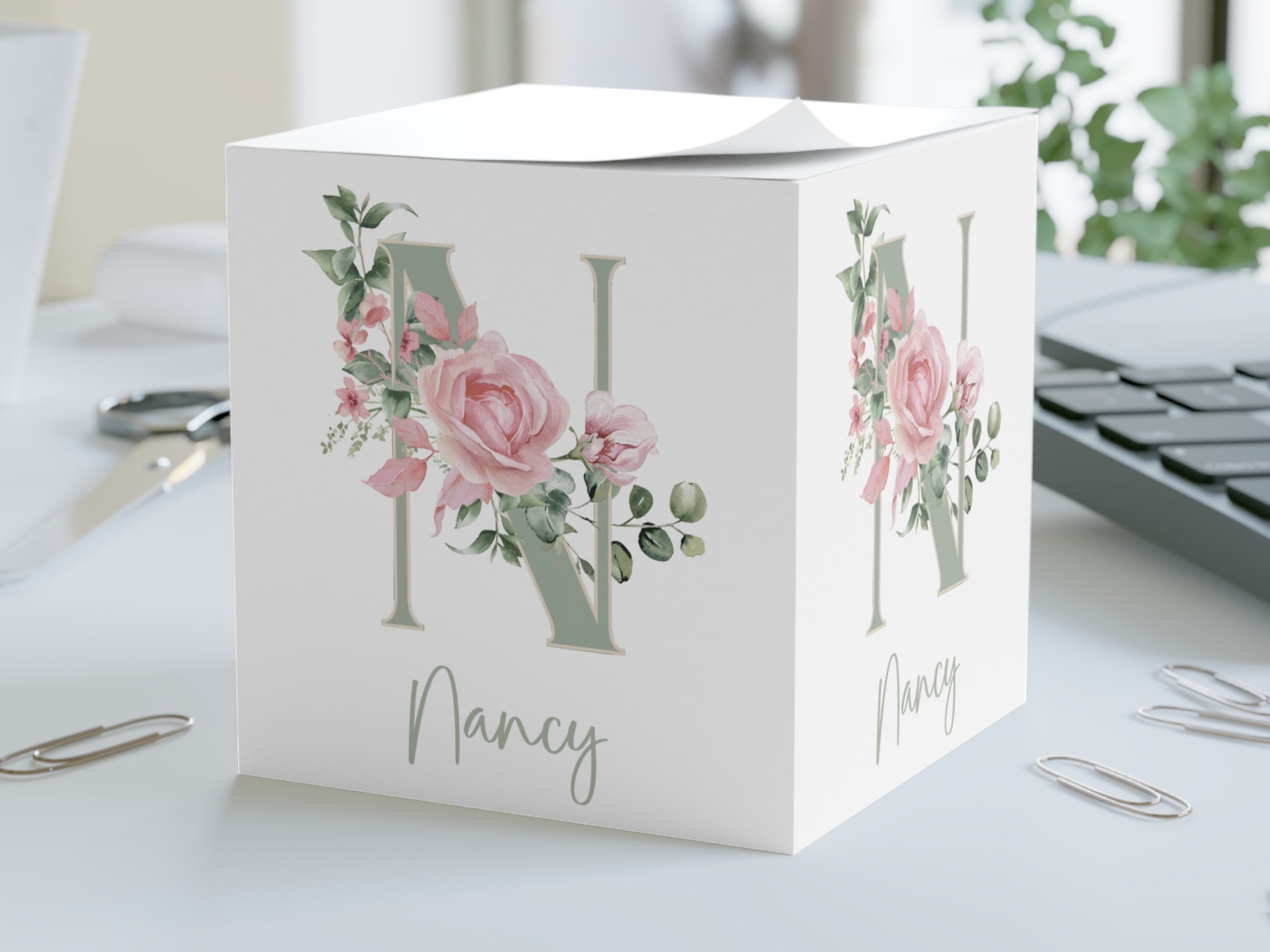 Pink Rose Monogram Note Cube, Personalized Note Cube, Custom Gift for ...