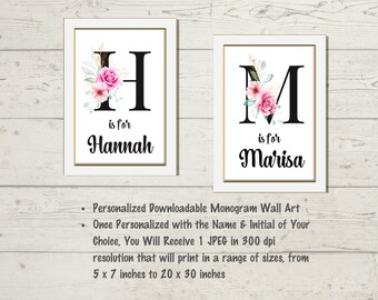 DIGITAL DOWNLOAD, Custom Monogram Wall Art, Personalized Monogram Print, Custom Printable Art, Nursery Wall Art, Girl's Room Wall Art