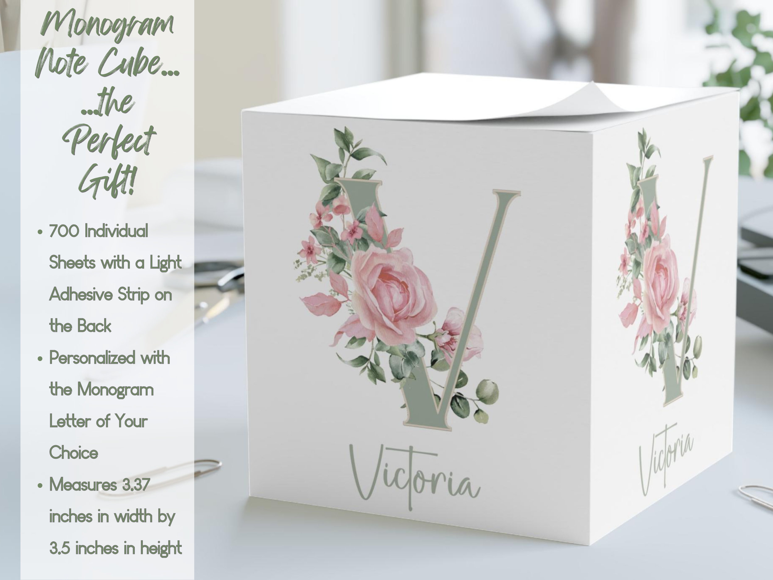 Pink Rose Monogram Note Cube, Personalized Note Cube, Custom Gift for ...