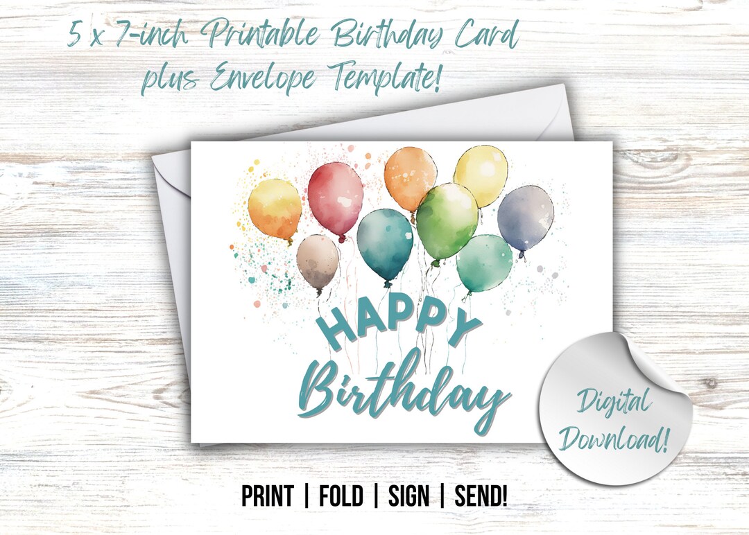 PRINTABLE Happy Birthday Card, Instant Download PDF, Envelope Template ...