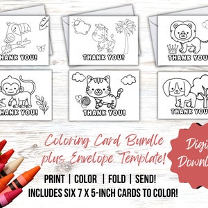 Conjunto de tarjetas para colorear de agradecimiento IMPRIMIBLE, notas de agradecimiento para niños, paquete de tarjetas de agradecimiento, color de bricolaje e impresión de conjunto de tarjetas de agradecimiento, conjunto de tarjetas para niños