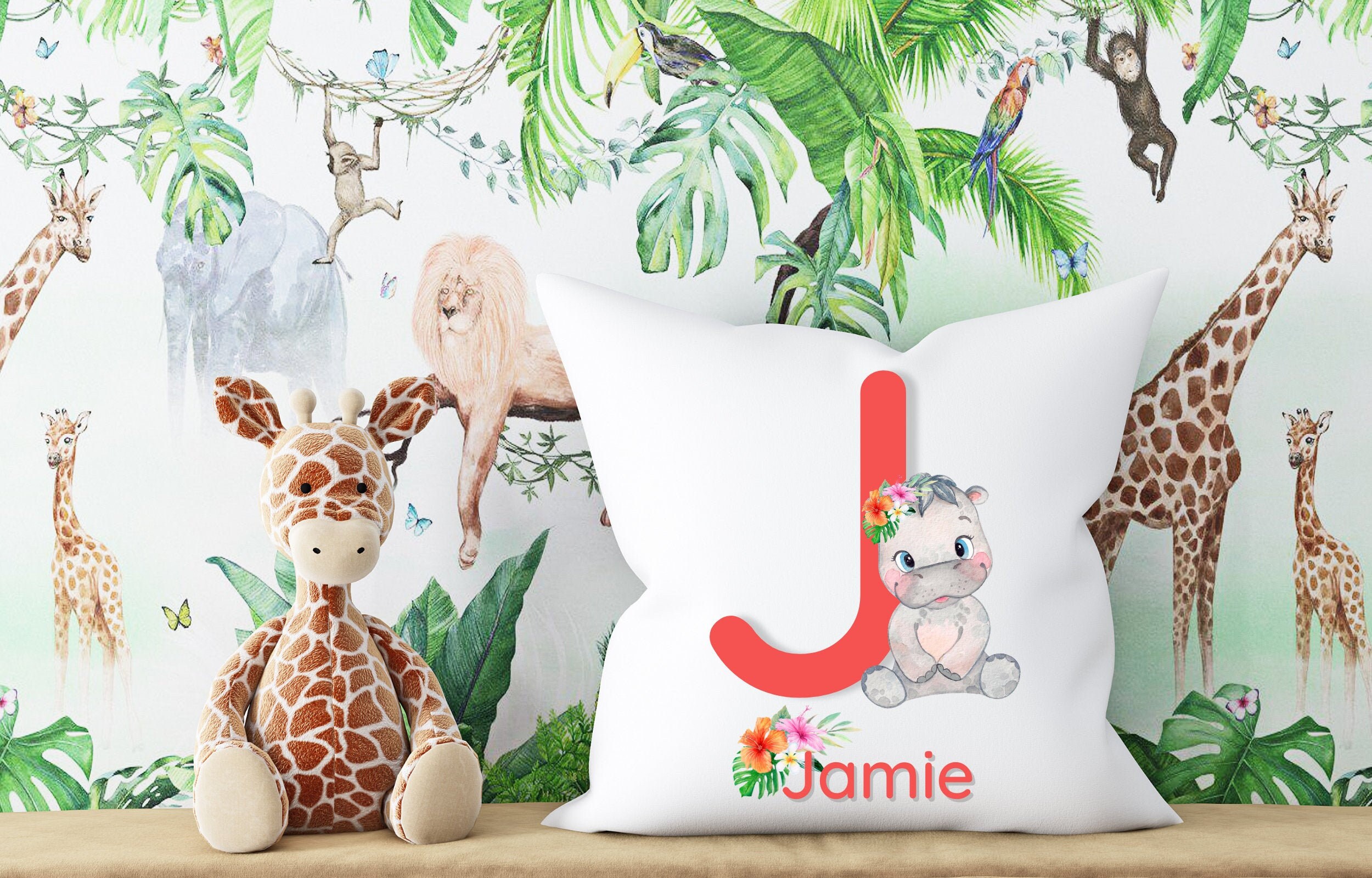 Safari Nursery Decor, Monogrammed Safari Pillow, Girl's Monogrammed