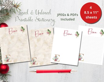May include: Four printable stationery sheets featuring the name "Elena" in red cursive script. Two sheets are lined and two are unlined. Each sheet has a watercolor illustration of a holly sprig and the letter "E" in gold with a red holly sprig.