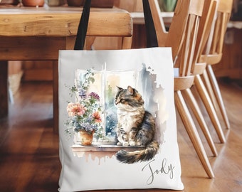 Personalized Tote Bag, Cat Lover's Tote Bag, Gift for Her, Custom Cat Tote Bag, Cat Print Tote, Polyester Tote, Cat Shopping Bag, Cat Tote