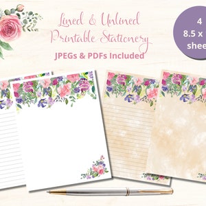 Printable Stationery, Floral Stationery, Floral Note Paper, Printable Note Paper, Digital Stationery, Instant Download, 8.5&quot; x 11&quot;