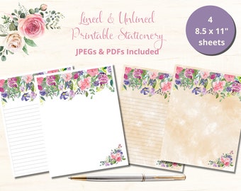 Printable Stationery, Floral Stationery, Floral Note Paper, Printable Note Paper, Digital Stationery, Instant Download, 8.5" x 11"