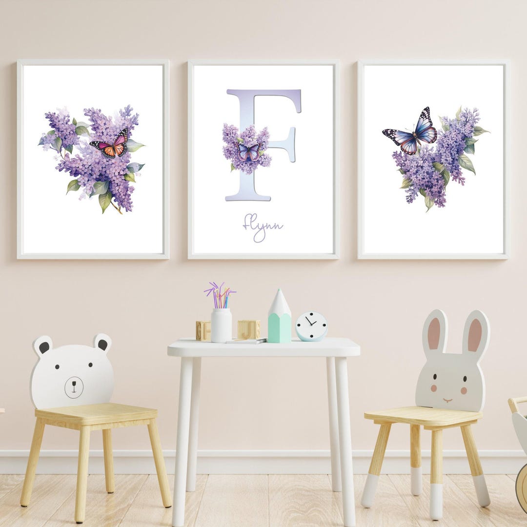 Set of 3 Personalized Nursery Wall Art With Lilacs and Butterflies ...