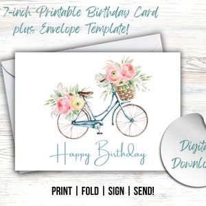 Carte de joyeux anniversaire imprimable, téléchargement immédiat PDF, modèle d'enveloppe, modèle de carte d'anniversaire de vélo, carte d'anniversaire de carte 5 x 7, enveloppe A7