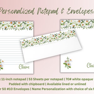 Floral Personalisierter Notizblock, Notizblock und Umschlag Set, Gänseblümchen Notizblock, Geschenk für sie, personalisierter Notizblock, Briefpapier Geschenkset, Notizblock Set