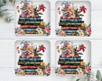 Floral Book Stack Corkwood Coaster Set, Vintage Coasters for Book Lovers, Home Decor, Gift for Readers, Coffee Table Accessories