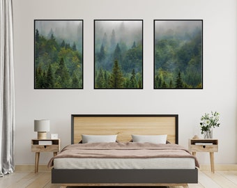 Nebelwald Druck, Wald druckbare Wandkunst, Nebelwald Druck, 3er Set Walddruck, druckbare Wandkunst Set, Stimmungsvolle Waldkunst