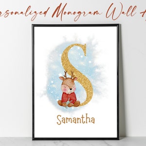 Reindeer Monogram Wall Art, DIGITAL DOWNLOAD, Alphabet Art, Reindeer Wall Art, Holiday Wall Art, Girl&#39;s Room Art, Boy&#39;s Art, Holiday Art