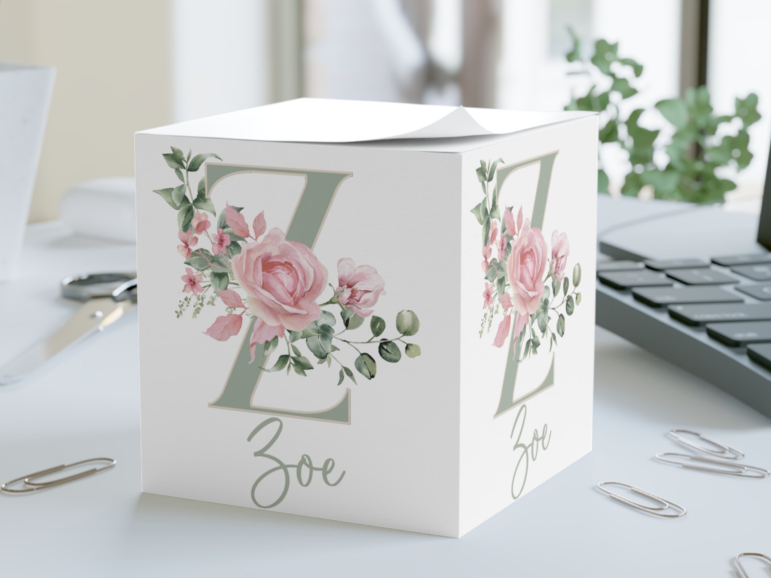 Pink Rose Monogram Note Cube, Personalized Note Cube, Custom Gift for ...