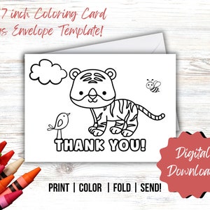 AFDRUKBARE dank u kleurkaart, Kid's dank u, tijger dank u kaart, DIY kleur en print, kinderen dank u kaart, tijger kleuren dank u