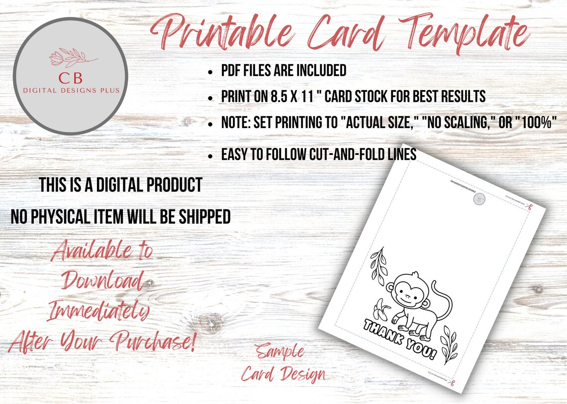 PRINTABLE Thank You Coloring Card, Kid's Thank You Note, Monkey ...