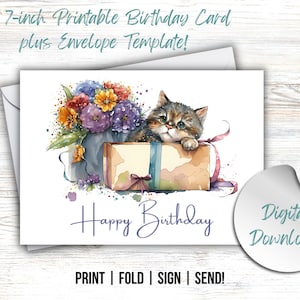 PRINTABLE Happy Birthday Card, Instant Download PDF, Envelope Template, Kitten Birthday Card Template,  5x7 Card Birthday Card, A7 Envelope