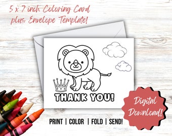 PRINTABLE Thank You Coloring Card, Kid's Thank You Note, Lion Greeting Card, DIY Color and Print, Kids Thank You Card, Coloring Thank You