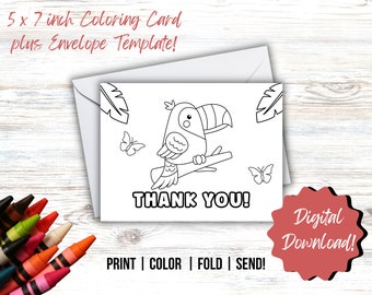 PRINTABLE Thank You Coloring Card, Kid's Thank You Note, Parrot Greeting Card, DIY Color and Print, Kids Thank You Card, Coloring Thank You