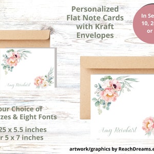 Tarjetas de notas de peonía y eucalipto, tarjetas de notas planas, sobres Kraft, tarjetas de notas de peonía de melocotón, notas personalizadas, tarjetas de notas personalizadas, peonías