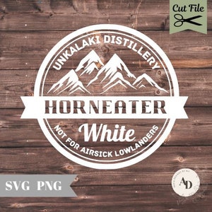 May include: White label with a mountain range graphic and the text "Unkalaki Distillery Hornearter White Not For Airsick Lowlanders".
