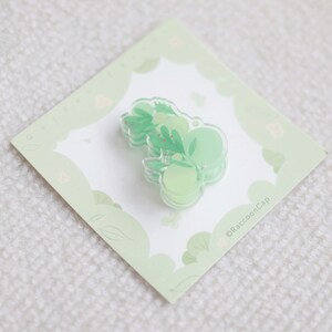 May include: A green and white clear resin pin with a leafy design and the text "@RaccoonCap".