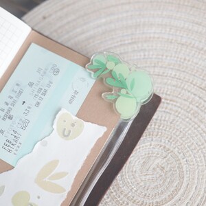 May include: A close-up of a brown leather journal with a clear plastic pocket on the front. A green and white floral sticker is placed in the pocket. The journal has a grid pattern on the front cover. A train ticket with Japanese text is visible in the background.