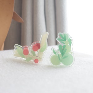 May include: Two clear acrylic hair clips with floral designs. One clip features red berries and green leaves, while the other has green leaves and light green circles.