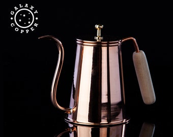 Handmade Copper Coffee Pot: Pour Over Kettle with Wooden Handle