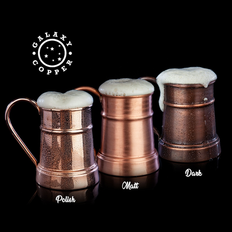 May include: Three copper mugs with different finishes: polished, matte, and dark. Each mug is filled with a foamy beverage. The mugs are labeled "Polish", "Matt", and "Dark".