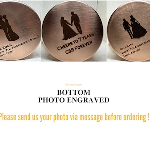 May include: Three copper mugs with personalized engravings. The mugs feature a couple's silhouette, a message, and the text "Cheers to 7 years! C&S Forever".