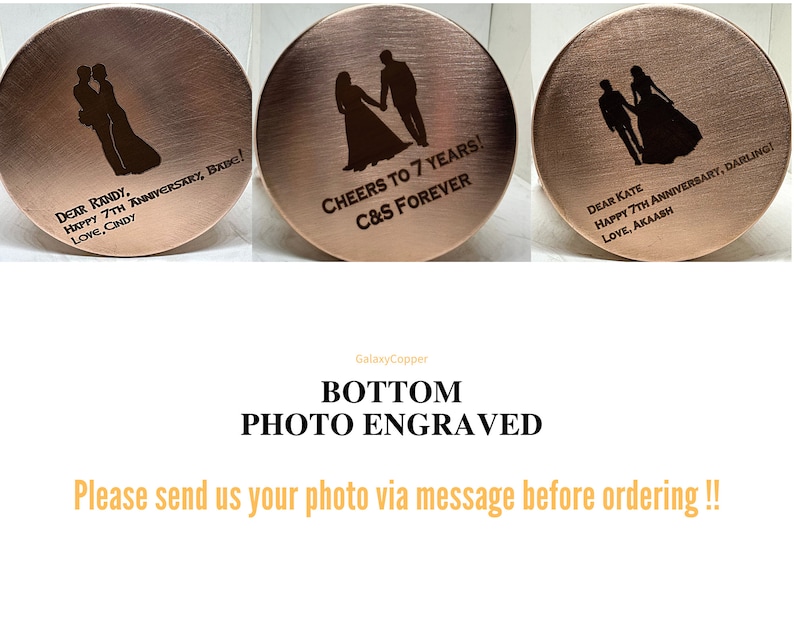 May include: Three copper mugs with personalized engravings. The mugs feature a couple's silhouette, a message, and the text "Cheers to 7 years! C&S Forever".
