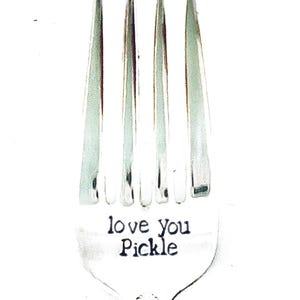 Hand Stamped Silver Plated Pickle Fork: 'Love You Pickle'