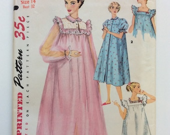 Vintage ca. 1954 Simplicity 4936 Women’s Nightgown in 2 Lengths and Short Negligee sewing pattern-Size 14 Bust 32”-Partially cut, complete