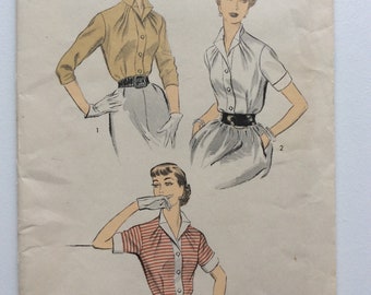 Vintage ca. 1953 Advance 6458 Women’s Blouse sewing pattern-Size 12 Bust 30”-Complete