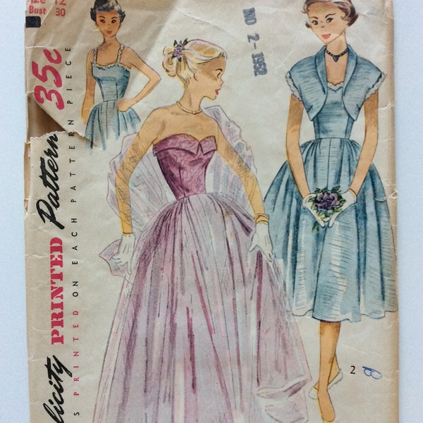 Vintage ca. 1951 Simplicity 3623 Women’s Dress in Daytime & Evening Lengths, Bolero and Stole sewing pattern- Size 12 Bust 30”-Cut, complete