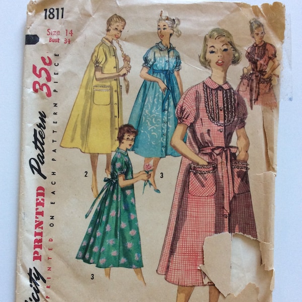 Vintage ca. 1956 Simplicity 1811 Five Way Housecoat & Housedress sewing pattern-Size 14 Bust 34”-Mostly cut, complete