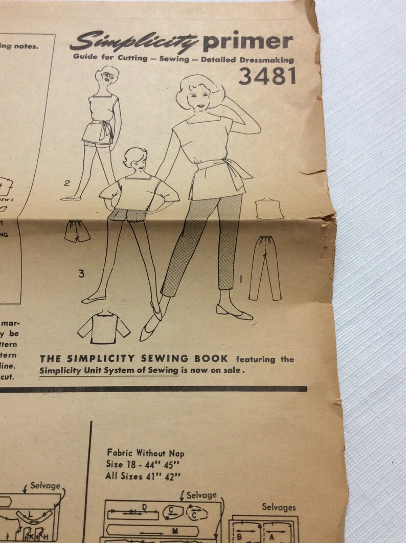 read description Shorts /& Pants sewing pattern-Bust 32\u201d-Incomplete Vintage ca 1960 Simplicity 3481 Women\u2019s Tunic Top in 2 Lengths